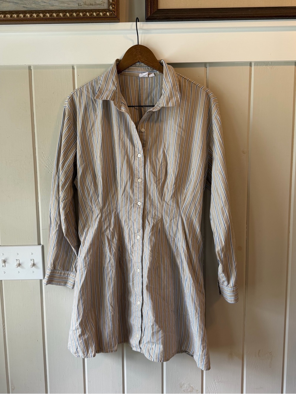 GAP Long Sleeve Striped Shirt Dress in Beige and Blue